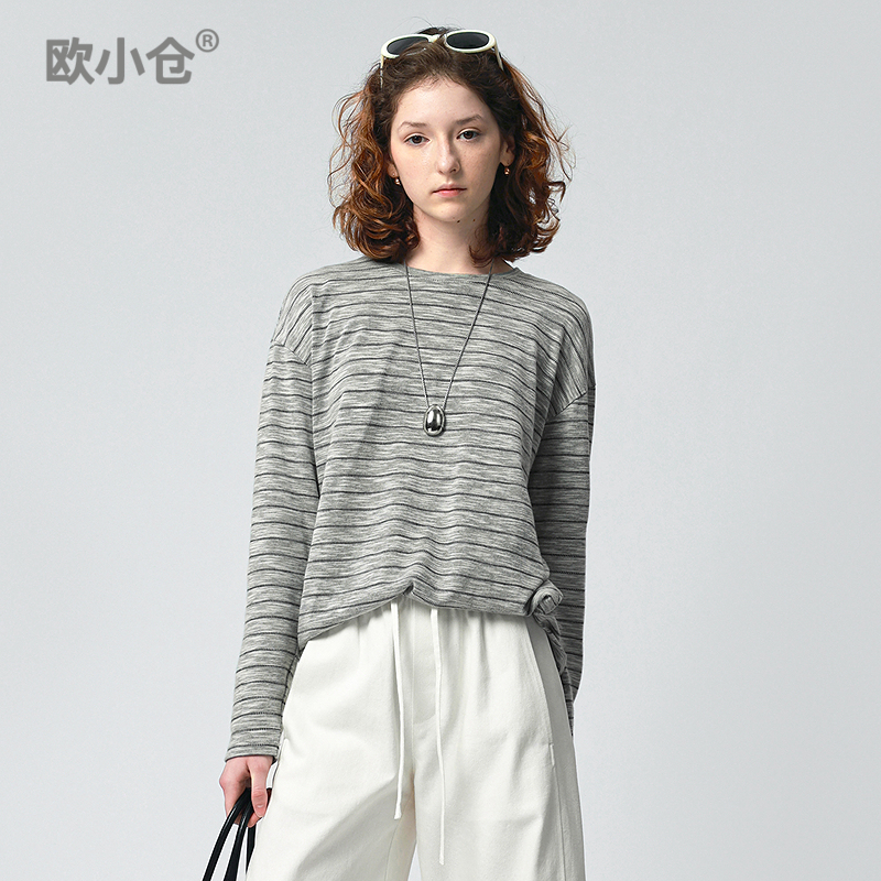 欧小仓 高级感chic别致上衣ins风条纹肯豆衫 简约圆领宽松长袖T恤
