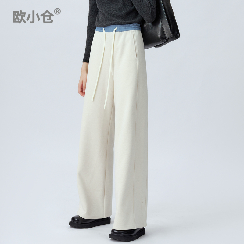 欧小仓舒芙蕾ins秋冬超模裤加厚白色裤子牛仔撞色拼接毛呢阔腿裤