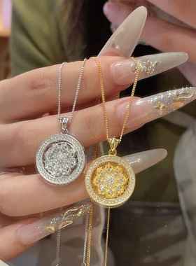 s925纯银镶钻转动莲花罗盘吊坠项链女新中式轻奢气质毛衣链送女友