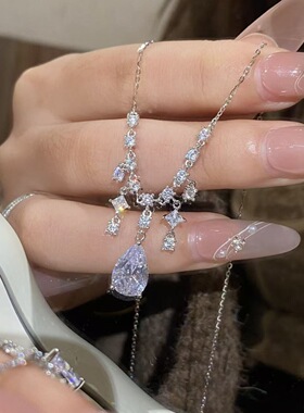 S925银水滴梨形锆石项链轻奢小众设计感锁骨链高级感闪钻晚宴颈链