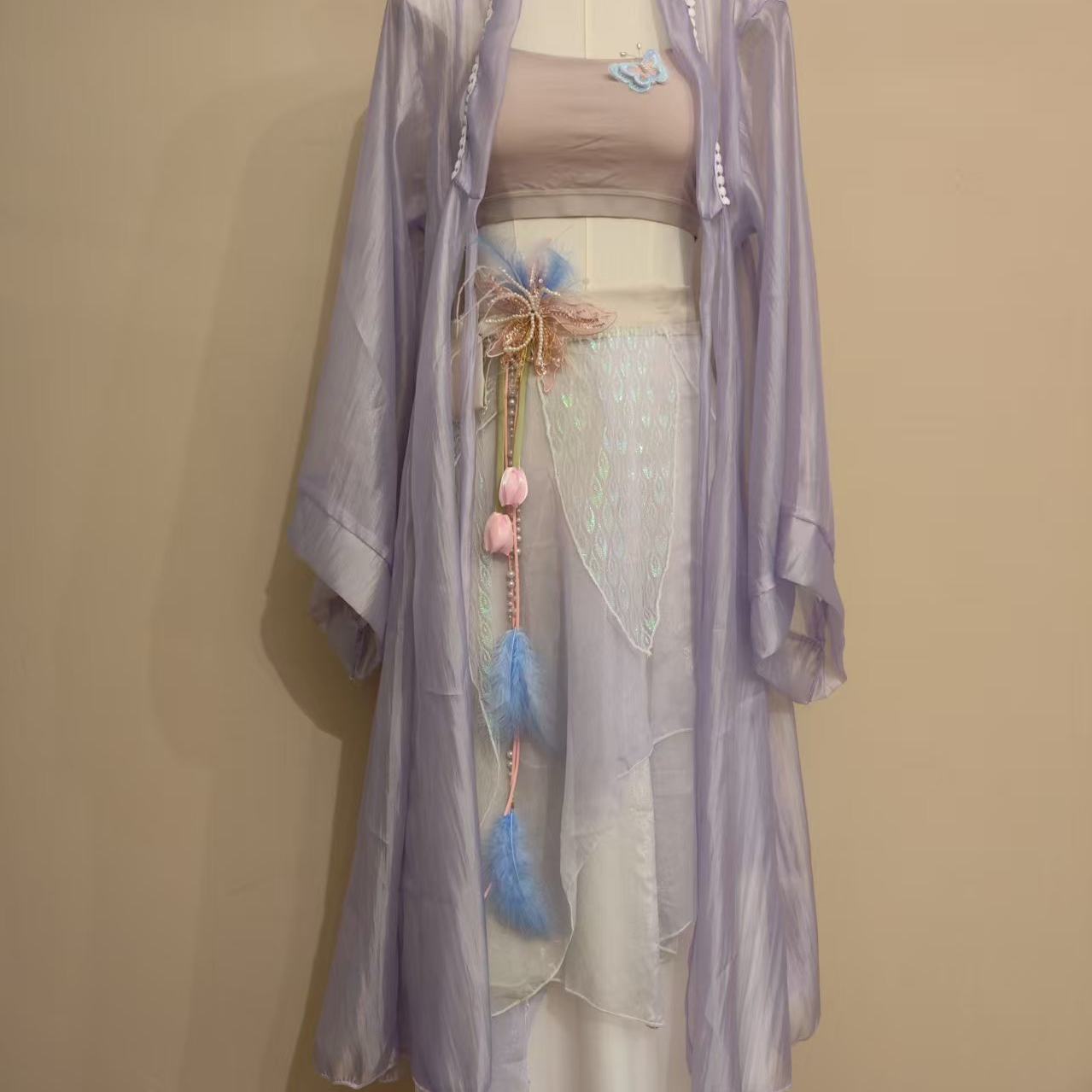 古风爵士紫色白边纱衣国风爵士舞大摆蹈服古典舞服装