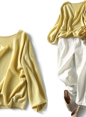 纯色套头针织衫春季黄色百搭上衣v领打底毛衣薄款宽松文艺温柔风