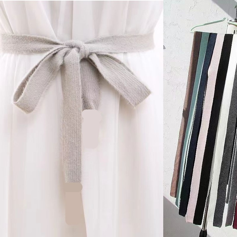 纯色百搭针织大衣腰带细围巾飘带