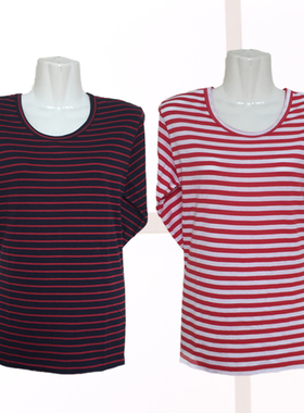 妈妈装T恤女春秋装圆领宽松加大码打底汗衫秋季中老年人条纹上衣