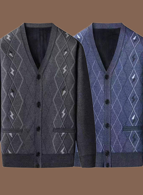 新款男士不加绒针织衫中老年爸爸春装开衫毛衣V领开襟毛衫外套