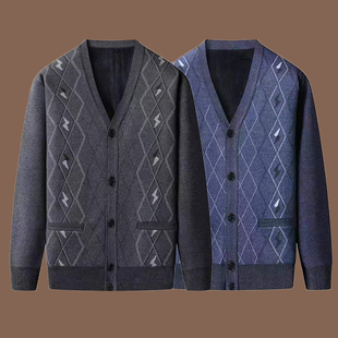 新款男士不加绒针织衫中老年爸爸春装开衫毛衣V领开襟毛衫外套