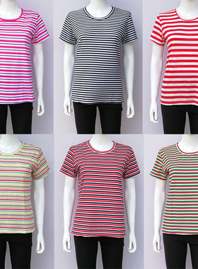 短袖T恤女中年妇女宽松上衣夏季薄中老年妈妈纯棉条纹衫圆领大码