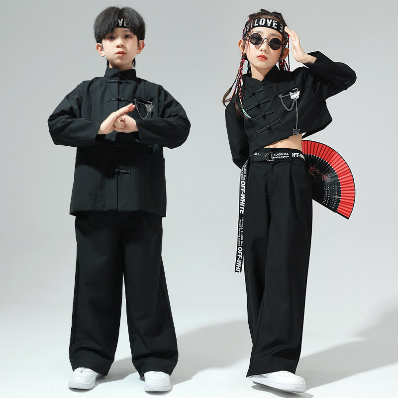 儿童街舞潮服暗黑系列男童中国风唐装hiphop演出服女童爵士舞套装
