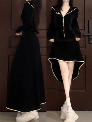 法式学院风海军领黑色针织连衣裙子女秋冬2025新款高级感套装长裙