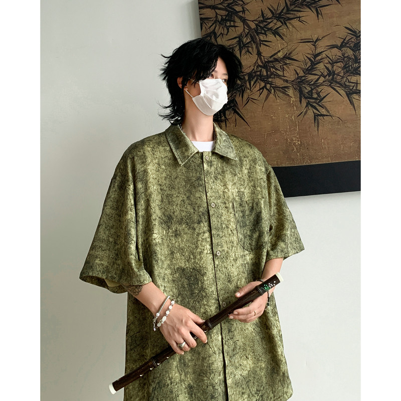 25新中式风缎面衬衫高级感潮流宽松男短袖衬衣504-W682-P45控69,男装T恤,星座504