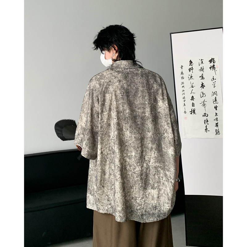 25新中式风缎面衬衫高级感潮流宽松男短袖衬衣504-W682-P45控69,男装T恤,星座504