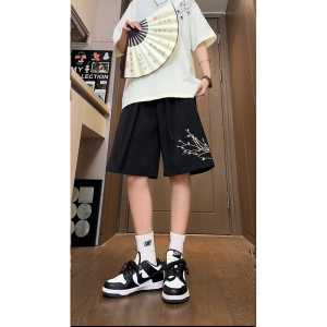 夏季中式风兰花刺绣短裤男女宽松休闲五分裤504-K337-特P24控48图片