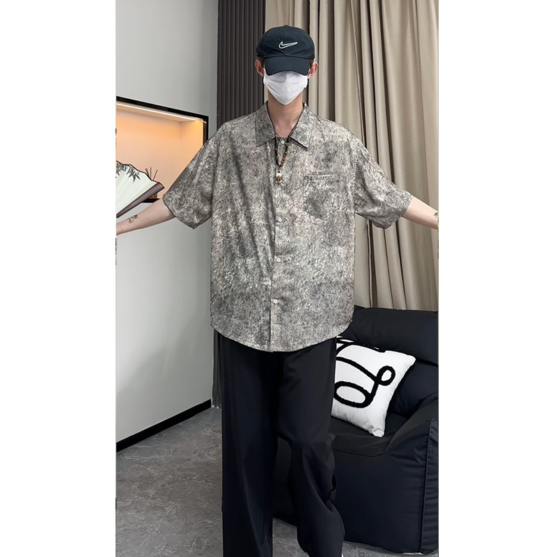 25新中式风缎面衬衫高级感潮流宽松男短袖衬衣504-W682-P45控69,男装T恤,星座504