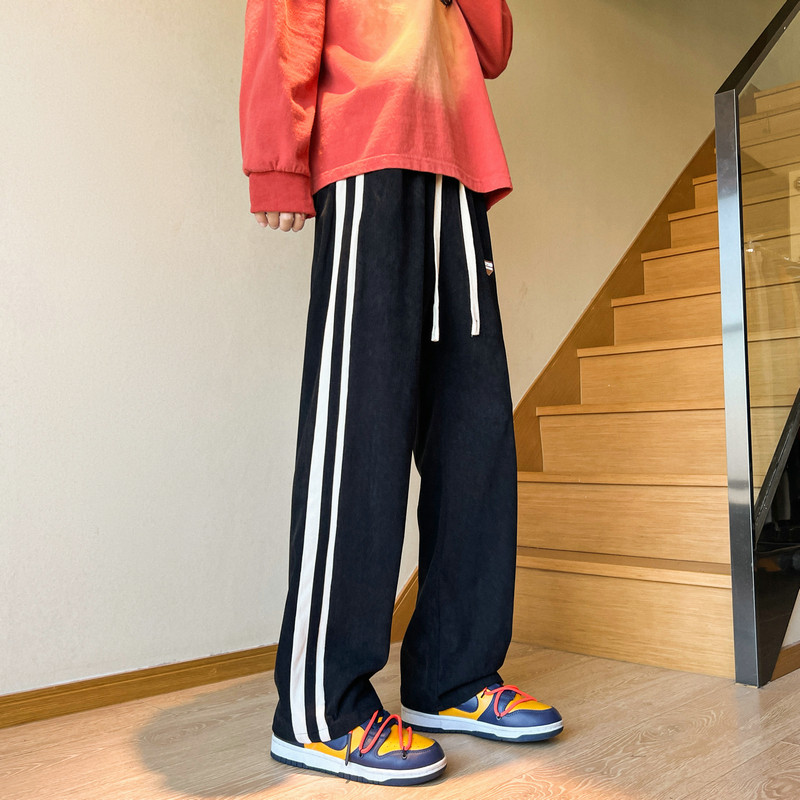 2023港风学生贴标休闲卫裤条纹直筒裤阔腿裤子潮504-K146-P50控68,男装休闲裤,星座504