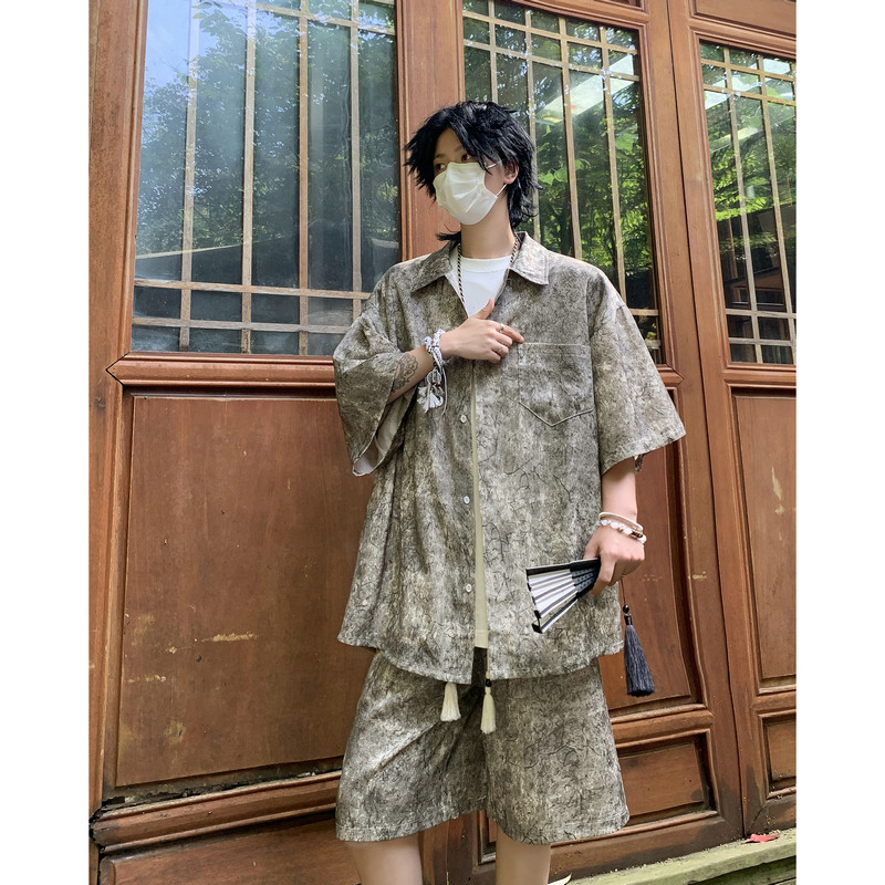新中式风缎面冰丝薄款宽松五分短袖短裤套装504-W33-P80控128,男装休闲套装,星座504