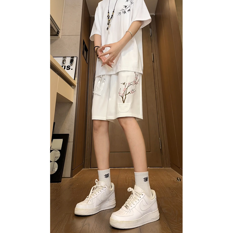25新中式风梅花刺绣短裤夏季休闲运动五分裤504-K344-TP20控38,男装牛仔裤,星座504