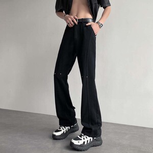wassup happy白色微喇牛仔裤男士春秋季新款潮流高街阔腿休闲裤子图片