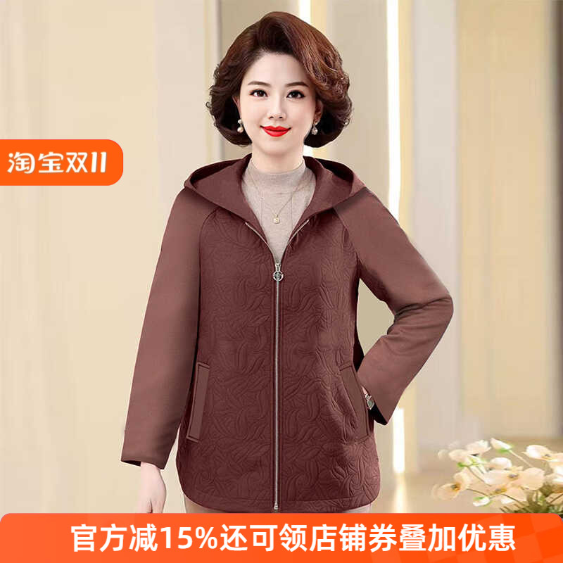 文君妈妈装春秋装洋气时尚夹克外套短款中老年女人气质连帽上衣