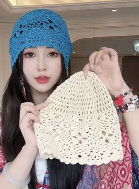 手工编织女士夏天包头帽夏季薄款镂空针织帽百搭白色毛线帽子套头