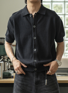 新款夏季高级感老钱风百搭休闲纯棉针织短袖翻领衬衫男68830