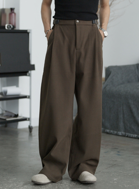 新款秋季高级感竖纹毛呢面料自带腰扣宽松百搭休闲裤男24196