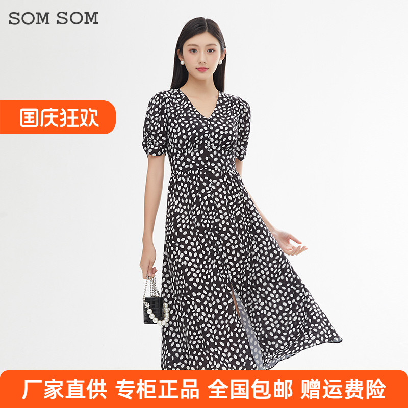 SOMSOM/索玛中长款雪纺连衣裙夏季法式V领印花开叉A字短袖茶歇裙