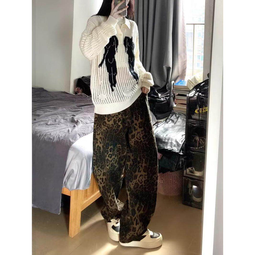 今年流行的爆款美式复古炸街休闲宽松bf慵懒风豹纹阔腿裤子女春季