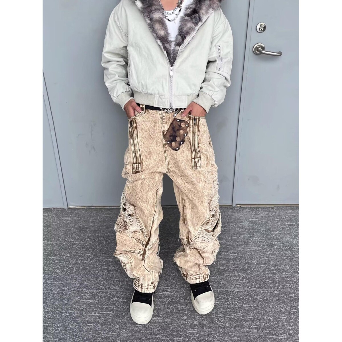 鹿晗同款废土风宽松拖地牛仔裤