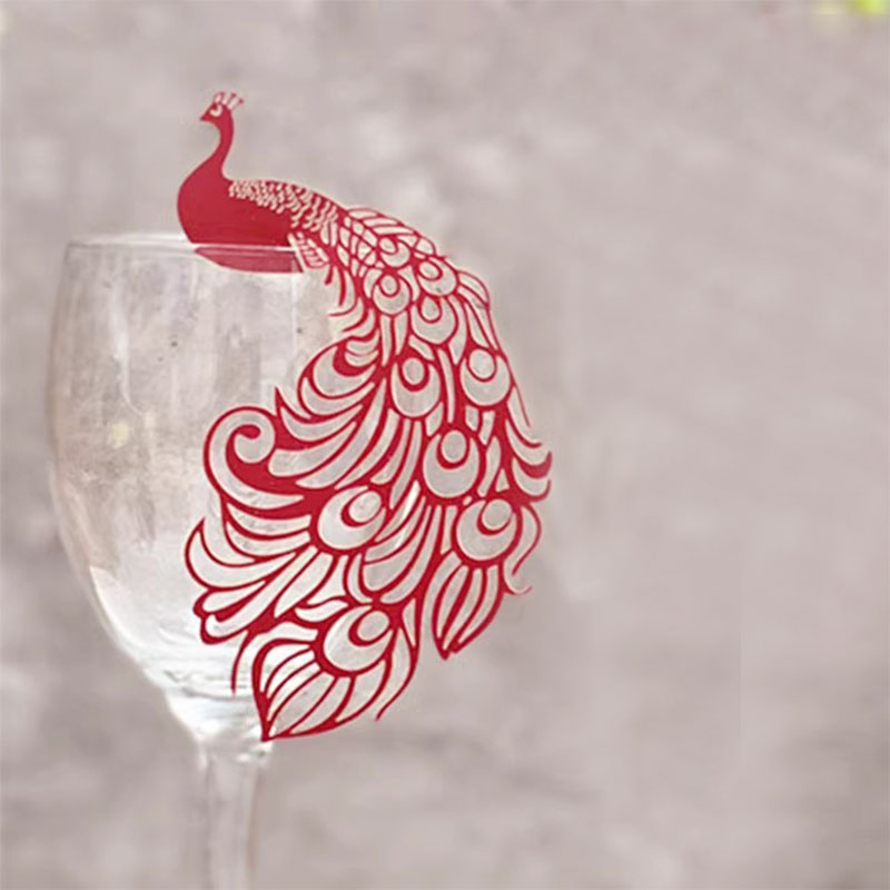 精美镂空凤凰红酒杯卡 婚礼席位卡 宴会装饰桌卡 座位卡 插卡孔雀