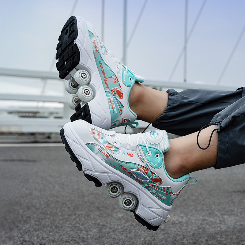 儿童成人大四轮带刹车变形暴走鞋男女滑轮鞋溜冰鞋男女童运动鞋格