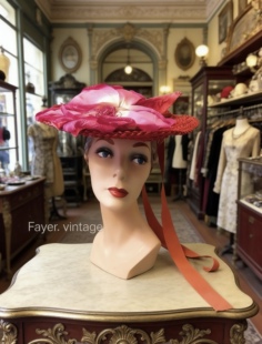 在逃公主vintage西洋古董帽子红色宽檐车轮女帽草帽 现货