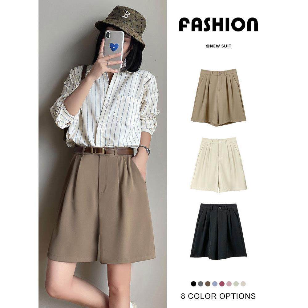 卡其色西装短裤女夏季薄款宽松休闲直筒裤显瘦高腰a字阔腿五分裤