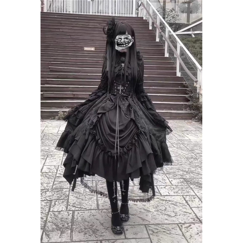 黑色哥特风姬袖腰封提拉裙洛丽塔lolita超华丽洋装冬季lolita裙女