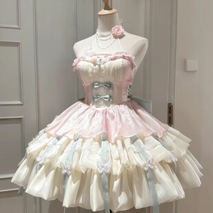 桔梗house爱神之约原创lolita公主风特纯欲风挂脖吊带短裙蓬蓬裙