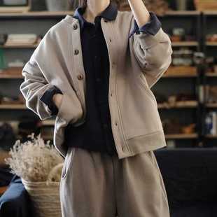 2025冬季加绒加厚V领单排扣开衫外套女卫衣文艺复古宽松休闲新款