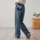 拖地裤 2025秋季 女长裤 复古做旧水洗蓝刺绣系带百搭直筒牛仔裤 新款