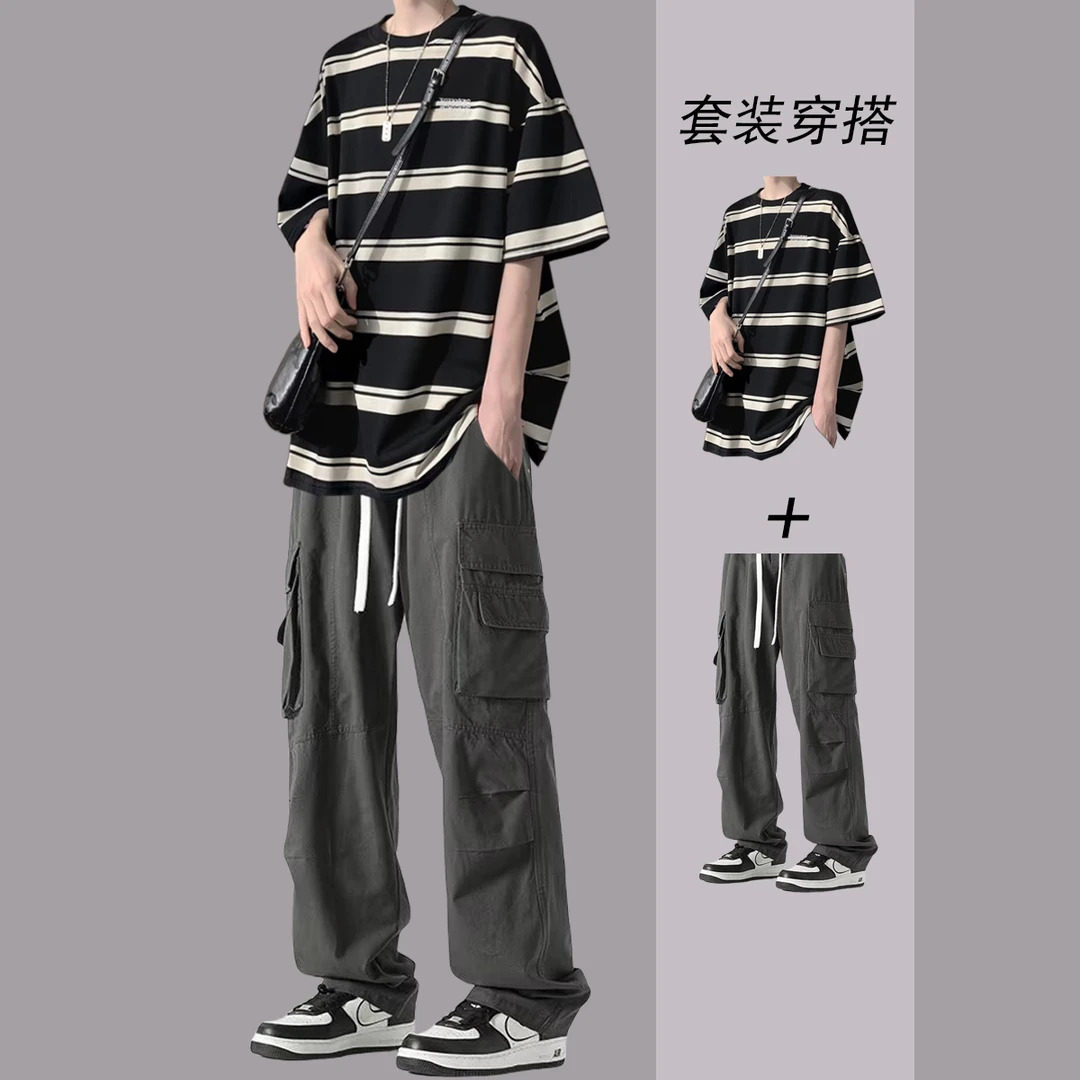 美式高中生短袖男款套装夏季学生纯棉条纹t恤休闲青少年帅气穿搭