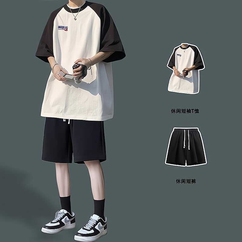 港风潮流短袖T恤套装男生夏季衣服穿搭配短裤一套帅气青少年学生