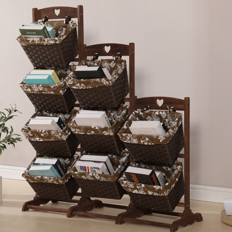 实木储物架卧室客厅田园藤编布艺零食多层储物收纳架置物架置地式