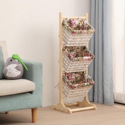 实木置物架收纳筐卧室客厅落地收纳架简约现代多层储物架藤编家用