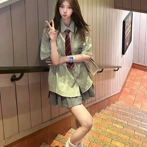 港风条纹短袖衬衫百褶裙两件套女夏季日系学院风小个子jk制服套装