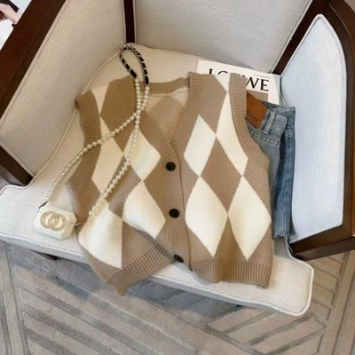 菱格V领针织开衫马甲叠穿女无袖