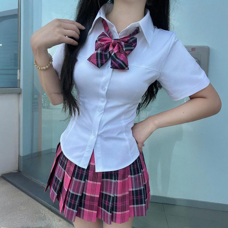 原创jk辣妹制服收腰衬衫修身短袖时尚显瘦白色衬衫JK套装学院衬衣