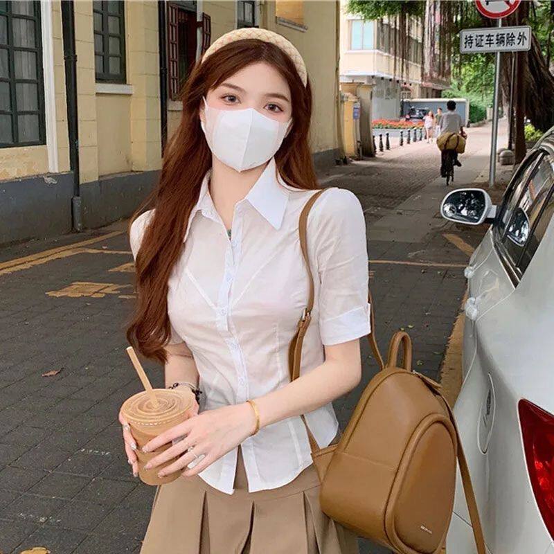 白色短袖衬衫新款2025夏季法式收腰设计感小众衬衣修身显瘦上衣女
