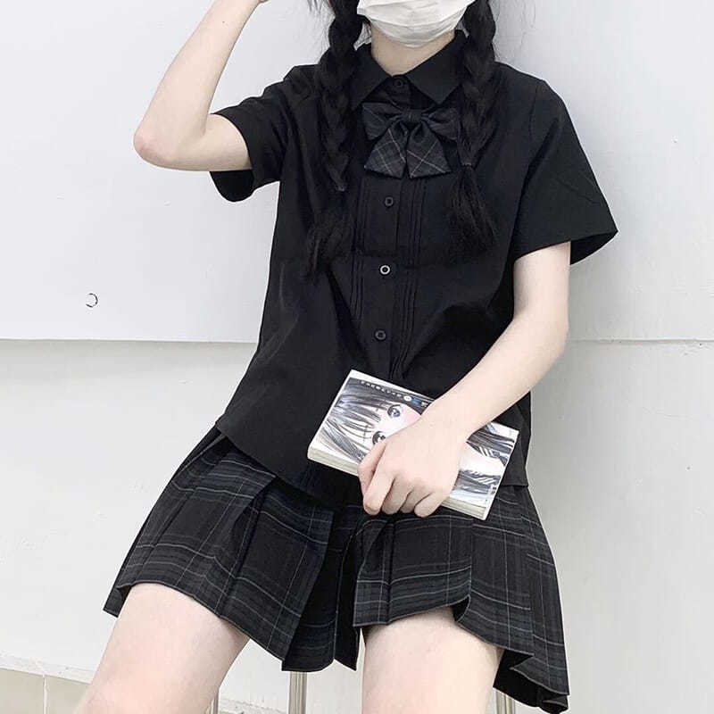 学院风jk原创制服校服风琴褶基础款黑白色上衣尖领男女衬衫短袖夏