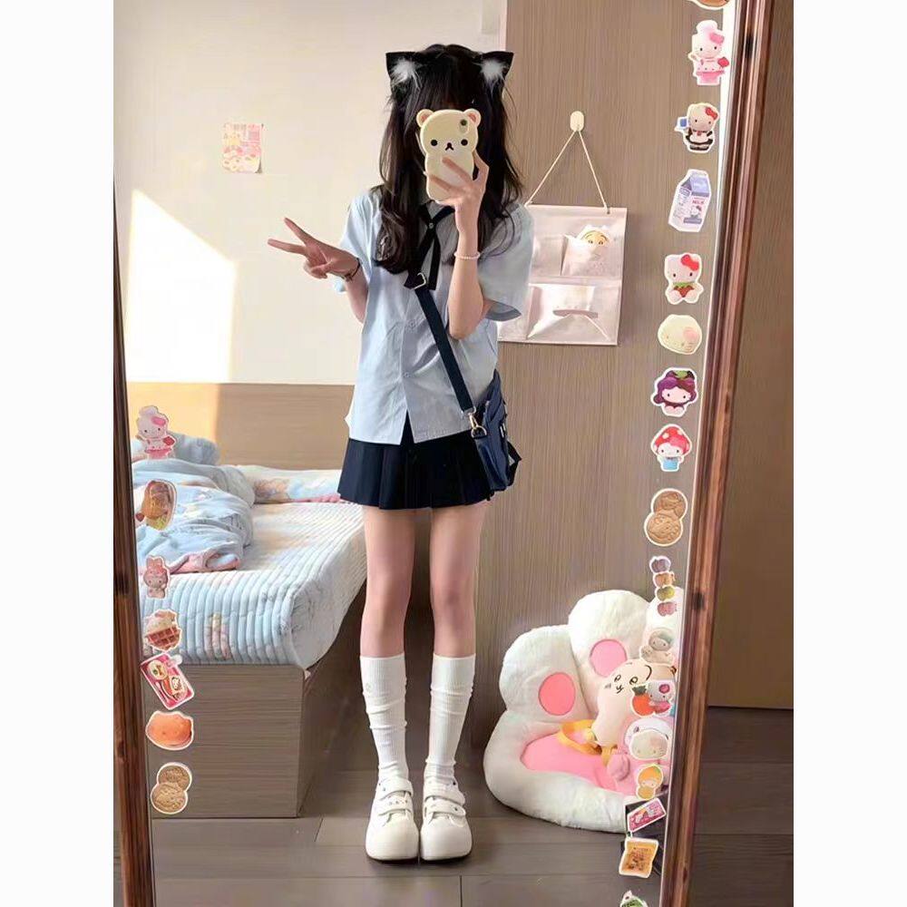 日系甜美休闲套装女夏季2026新款学院风衬衫短袖T恤百褶裙两件套