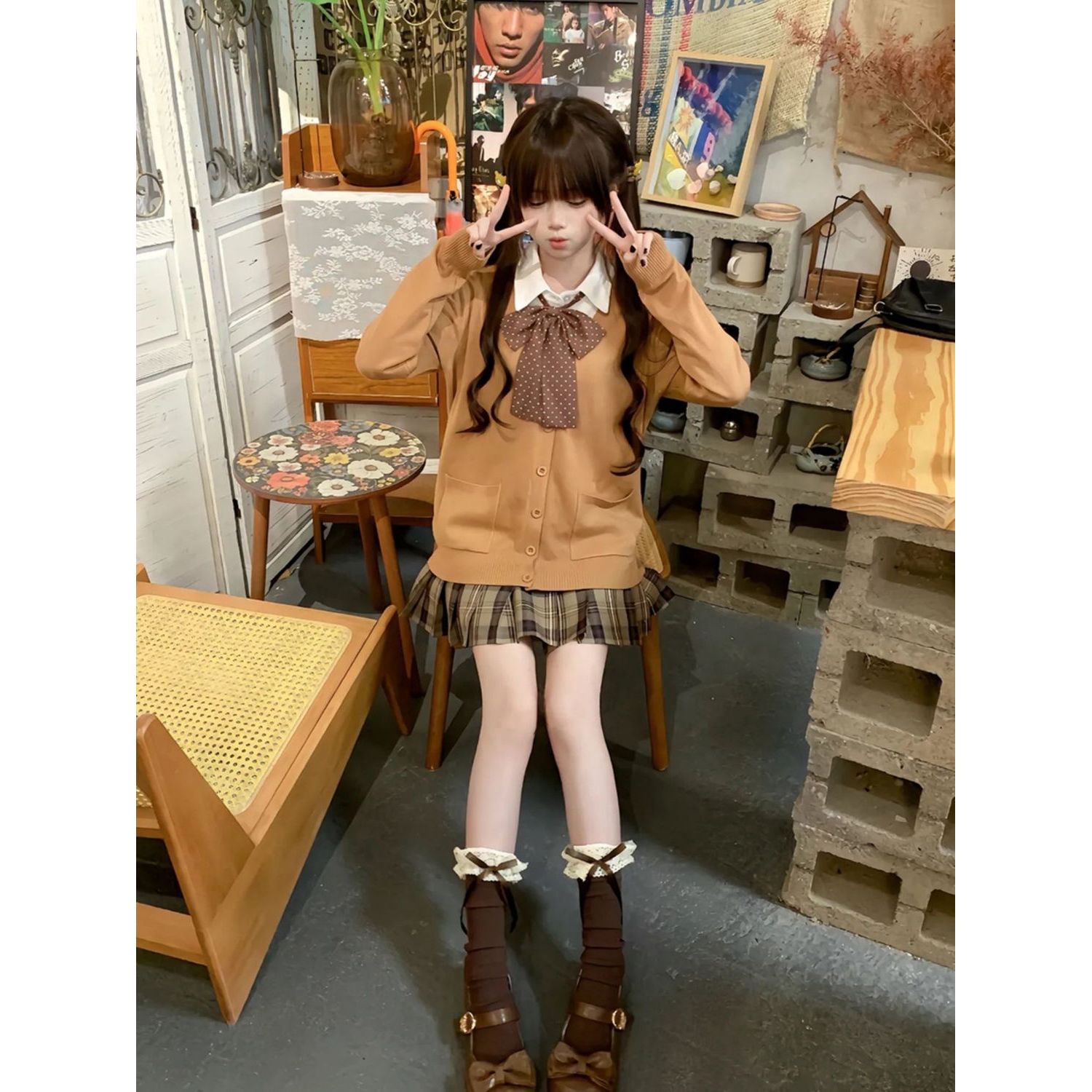 毛衣外套上衣半身格裙套装女装冬