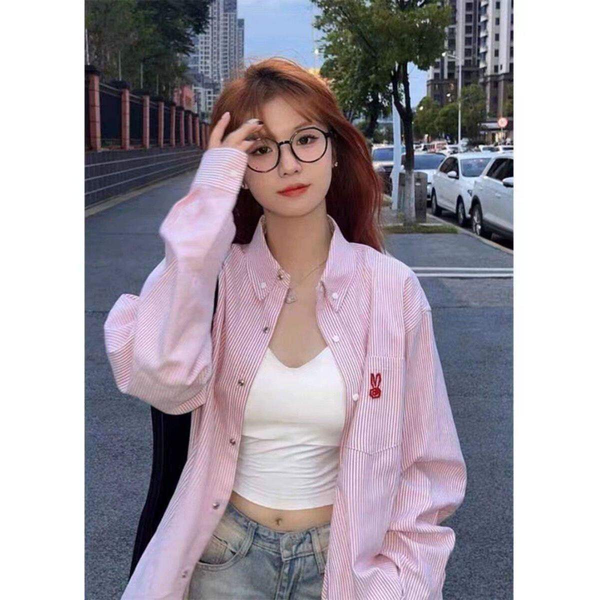 韩系jk制服长袖上衣女刺绣粉色条纹衬衫漩涡兔衬衣外套宽松春夏季