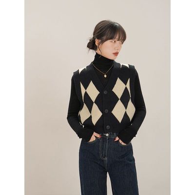 复古菱格背心毛衣内搭开衫外穿女