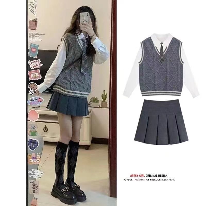 jk制服套装日系学院风领带衬衫V